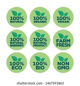 100% natural, organic, vegan, natural ingredients, natural product, farm fresh, eco, bio, gmo free icon set