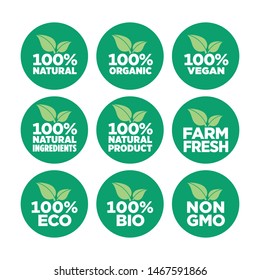 100% natural, organic, vegan, natural ingredients, natural product, farm fresh, eco, bio, gmo free icon set