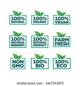 100% natural, organic, vegan, natural ingredients, natural product, farm fresh, eco, bio, gmo free icon set