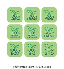 100% natural, organic, vegan, natural ingredients, natural product, farm fresh, eco, bio, gmo free icon set