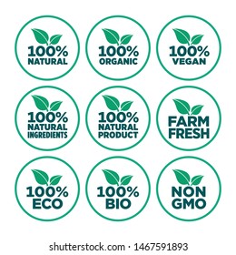 100% natural, organic, vegan, natural ingredients, natural product, farm fresh, eco, bio, gmo free icon set