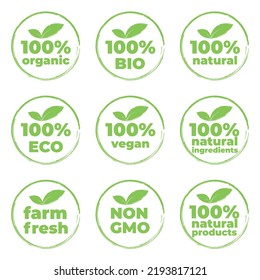 100% natural, organic, vegan, natural ingredients, natural product, farm fresh, eco, bio, gmo free icon set