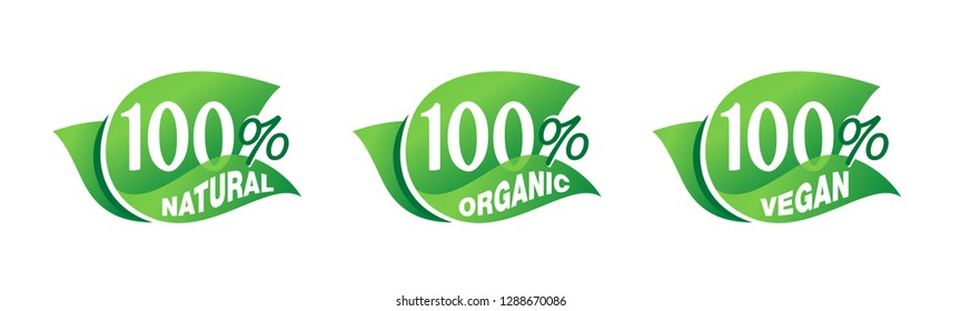 100% Natural, 100% Organic, 100% Vegan - Tag For Healthy Food, Vegetarian Nutrition In Leaf Shape - Vector Sticker Set