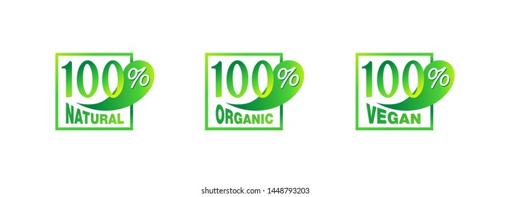100% natural, 100% organic, 100% vegan - tag for healthy food, vegetarian nutrition in rectangle  shape - vector sticker set