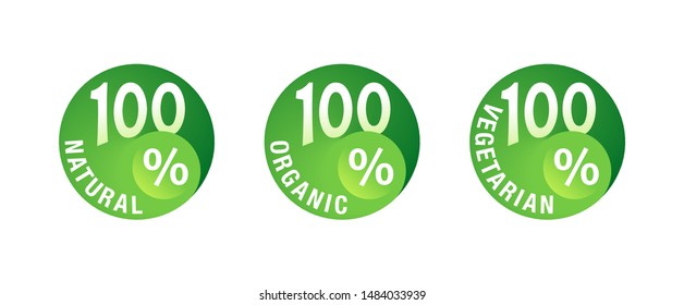 100% natural, 100% organic, 100% vegetarian - circular mark for healthy food, vegetarian nutrition - vector sticker set