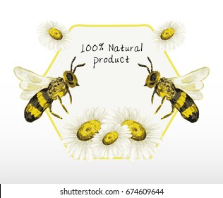 100 natural product
frame bee and chamomile Illustration with watercolor
the art for printed on the packaging design.
graphic for t-shirt
T-shirt screen design