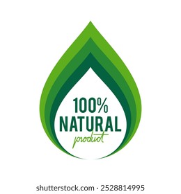 100% Natural product icon with abstract green leaf in gradient color. Vector Illustration. For logo, label, insigna, seal, tag, sign, seal, symbol, badge, stamp, sticker, emblem, banner, design