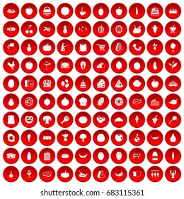 100 natural products icons set in red circle isolated on white vector illustration