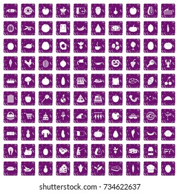 100 natural products icons set in grunge style purple color isolated on white background vector illustration