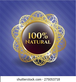100% Natural red shiny badge with blue background