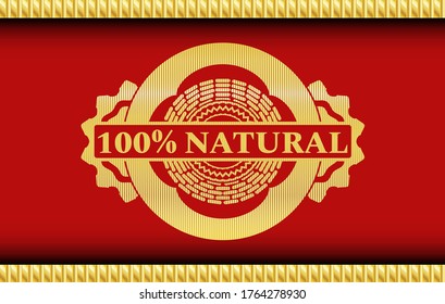100% Natural text inside Gold and Red color badge. Traditional classic background. Intense illustration. 