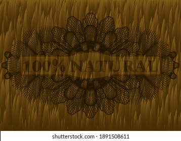 100% Natural text inside Guilloche Hairy Brown fur badge. Animal fancy background. Vector illustration. 