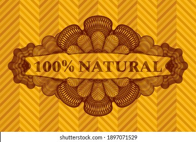 100% Natural text inside Linear currency abstract orange color emblem. Geometric chic background. Artistic illustration. 