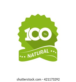 100 % natural vector green label with ribbon isolated on white background, 100 percent natural sticker symbol rosette design, number 100 sign