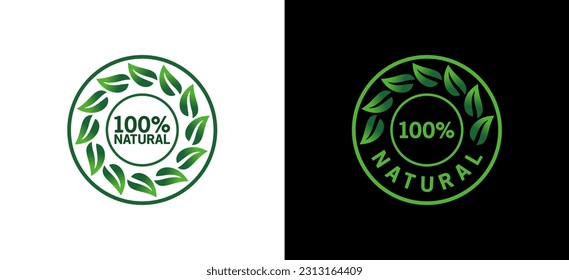 100% Natural vector logo or badge template for products with modern pure green leaf
