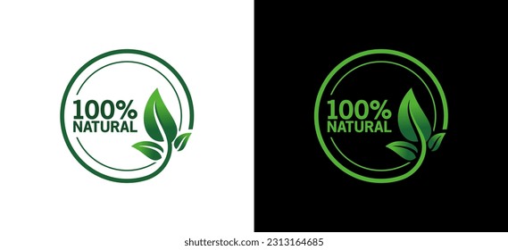 100% Natural vector logo or badge template for product with pure green leaf circle