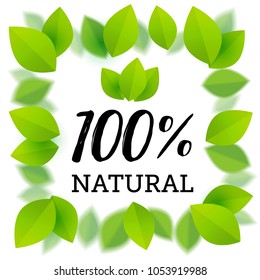 100% natural vector logo design with a green leaves frame.