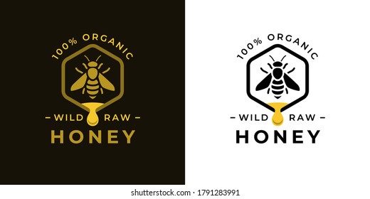 100% Natural wild raw organic honey logo label concept with bee symbol inside hexagon honeycomb nectar drop sign. Beekeeper farm badge brand identity template. Vector illustration. 