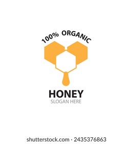 100% Natural wild raw organic honey logo label concept hexagon honeycomb nectar drop sign. Beekeeper farm badge brand identity template. Vector illustration.