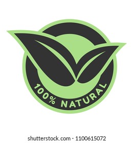 100% natural word and leaf symbol on circle badge vector. Minimalist style, simple design, black and green color.