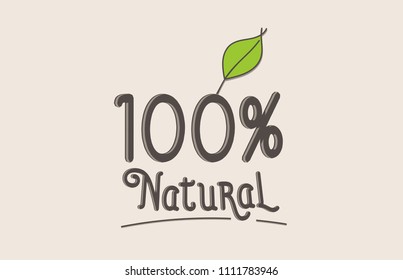 100% natural word text typography design with green leaf suitable for logo, banner or badge design