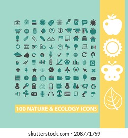 100 nature, ecology, environment black flat icons, signs, symbols set, vector