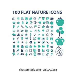 100 nature, ecology, environment, forest, biology flat isolated icons, signs, illustrations vector set on background
