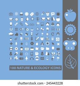 100 Natur, Ökologie, Baum, Blatt, Sonne, Schmetterling, Apfel, Waldsymbole, Zeichen, Vektorgrafiken
