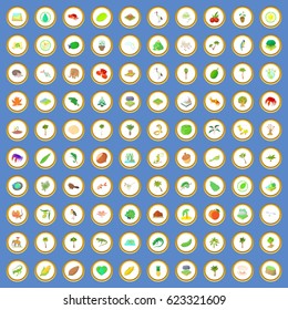 100 nature icons circle set on blue background cartoon style vector illustration