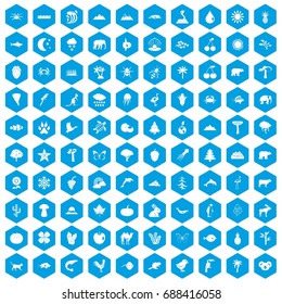 100 nature icons set in blue hexagon isolated vector illustration