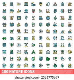 100 nature icons set. Color line set of nature vector icons thin line color flat on white