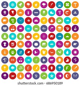 100 nature icons set in different colors circle isolated vector illustration