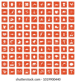 100 nature icons set in grunge style orange color isolated on white background vector illustration