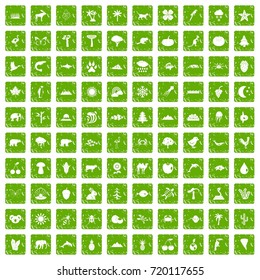 100 nature icons set in grunge style green color isolated on white background vector illustration
