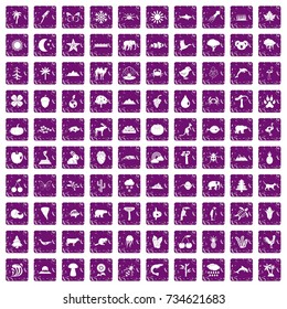 100 nature icons set in grunge style purple color isolated on white background vector illustration