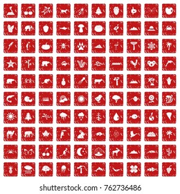 100 nature icons set in grunge style red color isolated on white background vector illustration