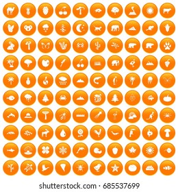 100 nature icons set in orange circle isolated on white vector illustration