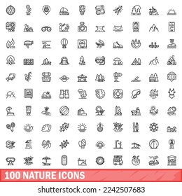100 nature icons set. Outline illustration of 100 nature icons vector set isolated on white background