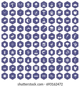 100 nature icons set in purple hexagon isolated vector illustration