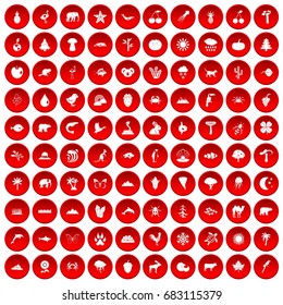 100 nature icons set in red circle isolated on white vector illustration