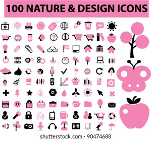 100 nature icons set, signs, vector illustration