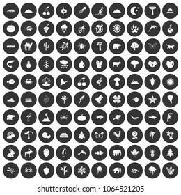 100 nature icons set in simple style white on black circle color isolated on white background vector illustration