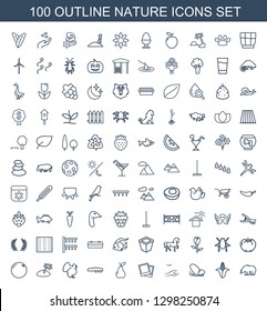 100 nature icons. Trendy nature icons white background. Included outline icons such as bear, corn, butterfly, sea and gull, photo, pear, caterpillar. nature icon for web and mobile.