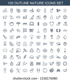100 nature icons. Trendy nature icons white background. Included outline icons such as bowl, spider, hay, peach, bull, house under sun, lotus. nature icon for web and mobile.