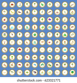 100 nature and landscape icons circle set on blue background cartoon style vector illustration