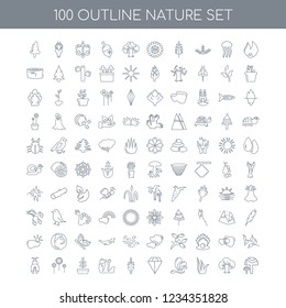 100 Nature universal icons set with Fire linear, Tree Grass Waves Gem Leaf Tulip Pot Sunflower Bug linear