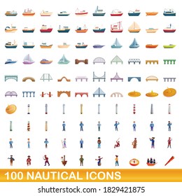100 nautical icons set. Cartoon illustration of 100 nautical icons vector set isolated on white background