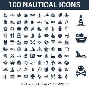 100 Nautical universal icons set with Skull and bones, Shark, Ship, Lighthouse, Radar, Sailboat, Binoculars, Fish, Seagull, Pearl