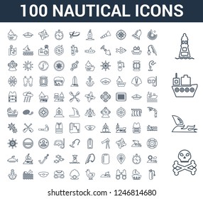 100 Nautical universal linear icons set with Skull and bones, Shark, Ship, Lighthouse, Radar, Sailboat, Binoculars, Fish, Seagull, Pearl