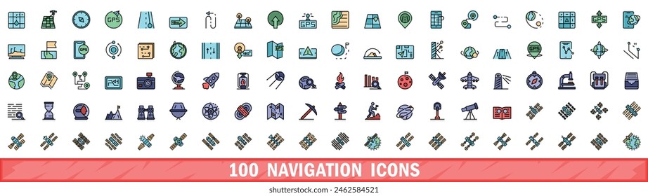 100 iconos de navegación. Conjunto de línea de color de iconos de vector de navegación línea fina de color plana en blanco